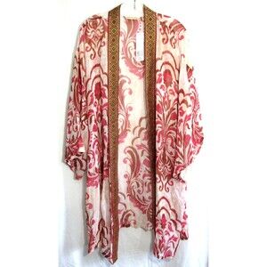 Soft Surroundings Red Floral Jakarta Picante Medallion Sheer Kimono OS NWT